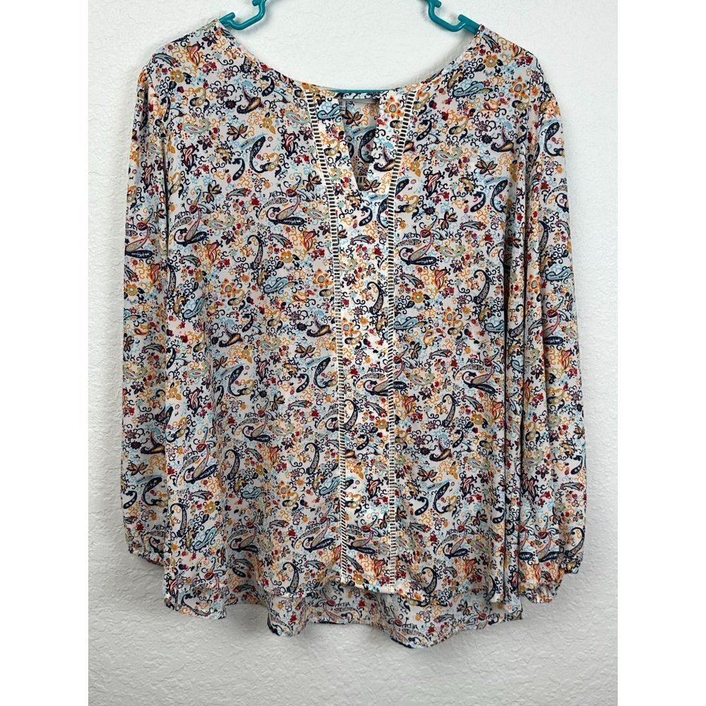 Collective Concepts, multi color paisley, faux V neck blouse, XL